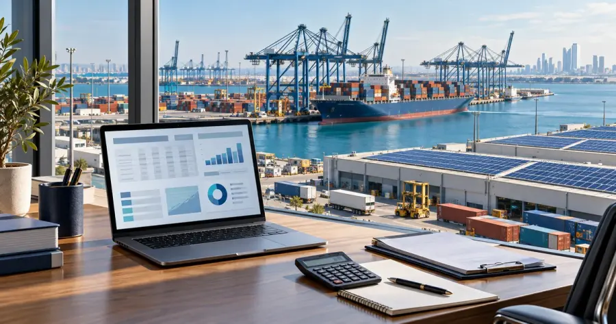 Laptop and calculator in a port office overlooking a container ship and warehouses with solar panels.